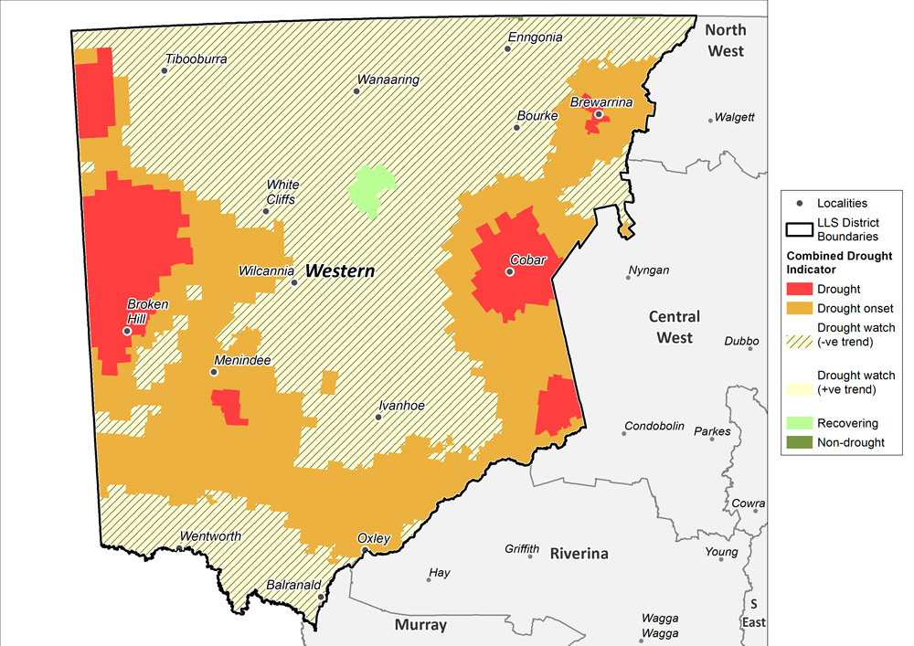 Figure 13. Combined Drought Indicator for the Western region (unverified data) For an accessible explanation of this map contact the author kim.broadfoot@dpi.nsw.gov.au