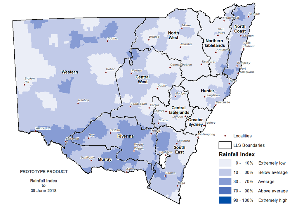Figure 6. Rainfall Index (RI) to 30 June 2018 For an accessible explanation of this map contact the author kim.broadfoot@dpi.nsw.gov.au