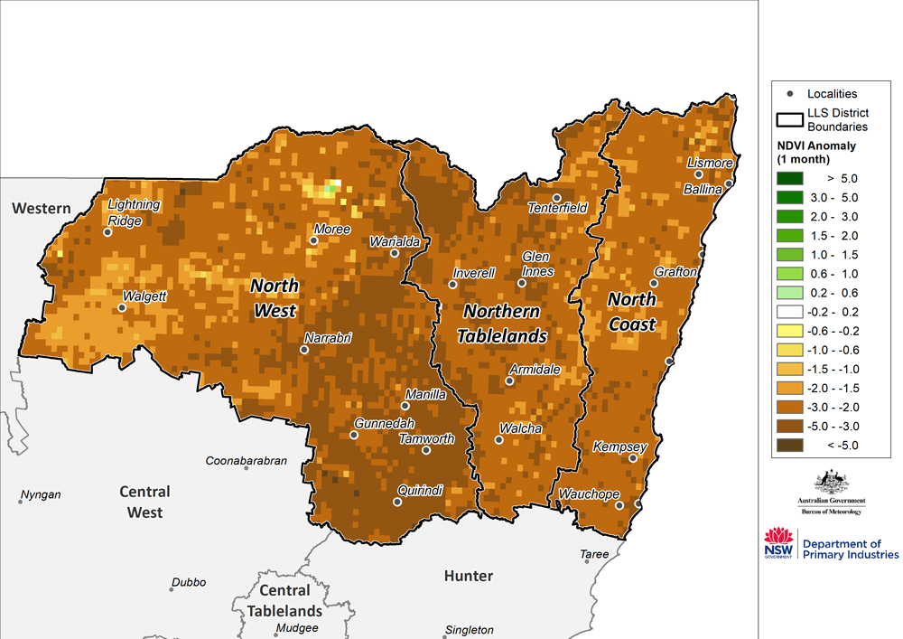 Figure 16. Monthly NDVI anomaly map for the North West, Northern Tableland and North Coast regions For an accessible explanation of this map contact the author kim.broadfoot@dpi.nsw.gov.au