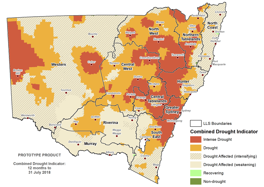 Figure 1. Verified NSW Combined Drought Indicator to 31 July 2018 For an accessible explanation of this image contact the author kim.braodfoot@dpi.nsw.gov.au