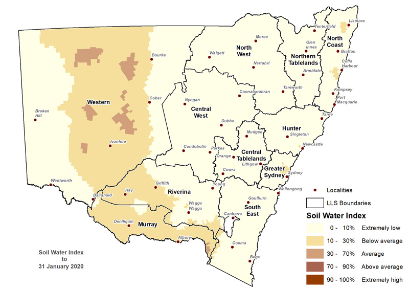 Figure 7. Soil Water Index (SWI) to 31 January 2020 For an accessible explanation of this map contact the author seasonal.conditions@dpi.nsw.gov.au