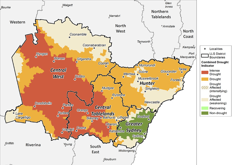Figure 22. Combined Drought Indicator for the Central Tablelands, Central West, Hunter and Greater Sydney regions For an accessible explanation of this image contact the author seasonal.conditions@dpi.nsw.gov.au