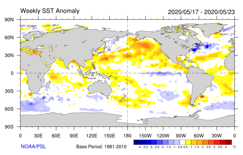 Figure 32. Weekly sea surface temperature anomalies (Source: NOAA) For an accessible explanation of this map contact the author seasonal.conditions@dpi.nsw.gov.au