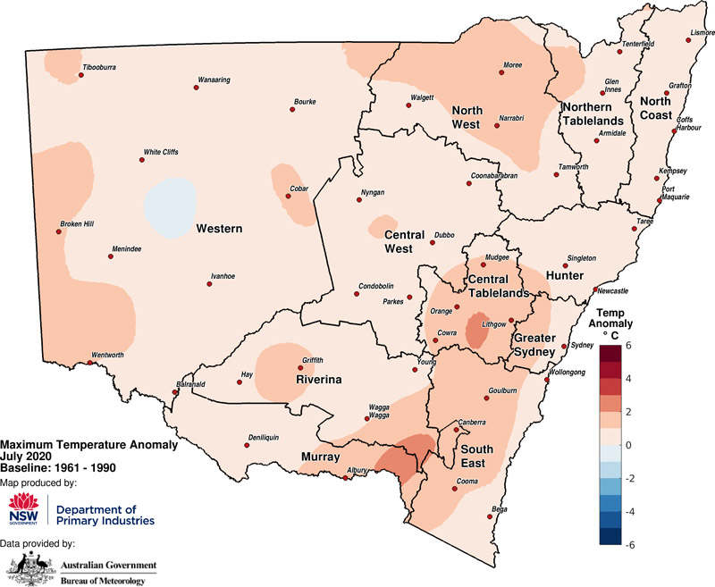 Figure 4a. Average daytime temperature anomaly – July 2020 For an accessible explanation of this map contact the author scott.wallace@dpi.nsw.gov.au