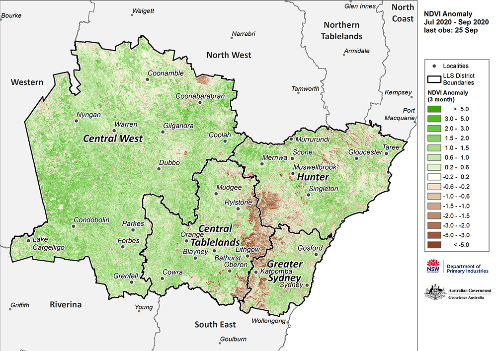 Figure 23. Monthly NDVI anomaly map for the Central Tablelands, Central West, Hunter and Greater Sydney regions For an accessible explanation of this map contact the author scott.wallace@dpi.nsw.gov.au