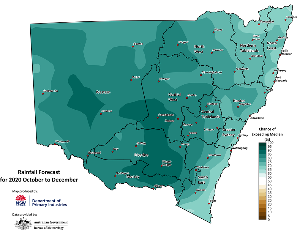 Figure 28. Seasonal rainfall outlook for NSW issued on 1 October 2020 For an accessible explanation of this map contact the author scott.wallace@dpi.nsw.gov.au