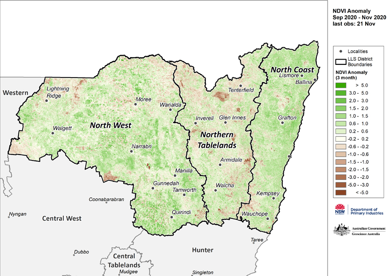 Figure 18. NDVI anomaly map for the North West, Northern Tableland and North Coast regions For an accessible explanation of this map contact the author seasonal.conditons@dpi.nsw.gov.au