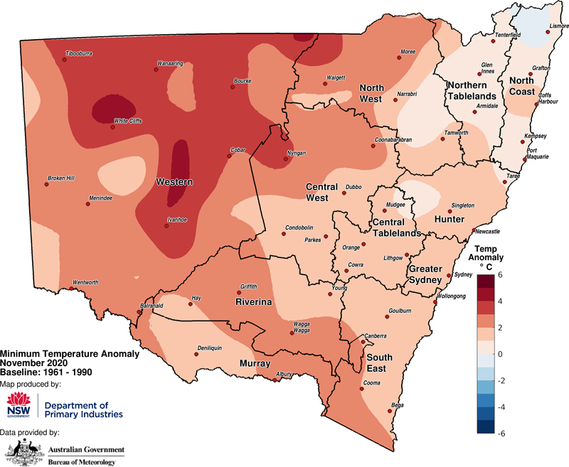 Figure 3c. Average minimum temperature anomaly– November 2020 For an accessible explanation of this map contact the author seasonal.conditons@dpi.nsw.gov.au