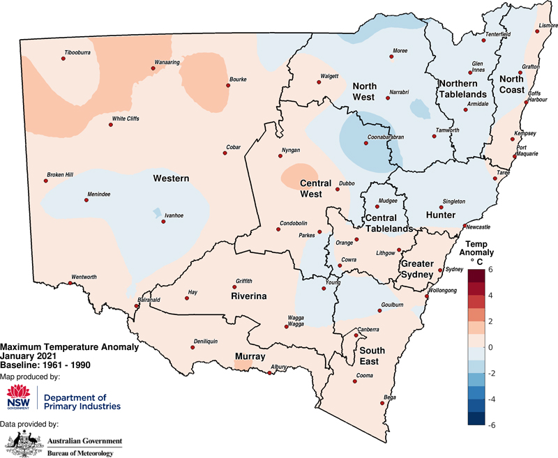 Figure 3a. Average maximum temperature anomaly – January 2021 For an accessible explanation of this map contact the author seasonal.conditions@dpi.nsw.gov.au