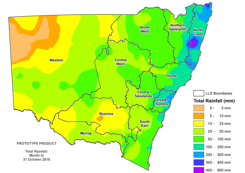 Figure 2. Total rainfall October 2018 For an accessible explanation of this image contact the author kim.broadfoot@dpi.nsw.gov.au