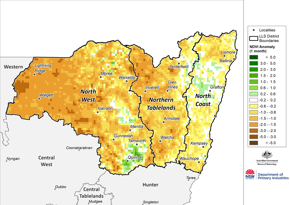 Figure 19. Monthly NDVI anomaly map for the North West, Northern Tableland and North Coast regions For an accessible explanation of this map contact the author kim.broadfoot@dpi.nsw.gov.au