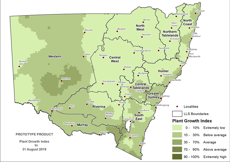 Figure 9. Plant Growth Index (PGI) to 31 August 2019 For an accessible explanation of this map/graph contact the author seasonal.conditions@dpi.nsw.gov.au