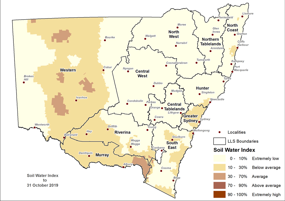 Figure 8. Soil Water Index (SWI) to 31 October 2019 For an accessible explanation of this map contact the author seasonal.conditions@dpi.nsw.gov.au