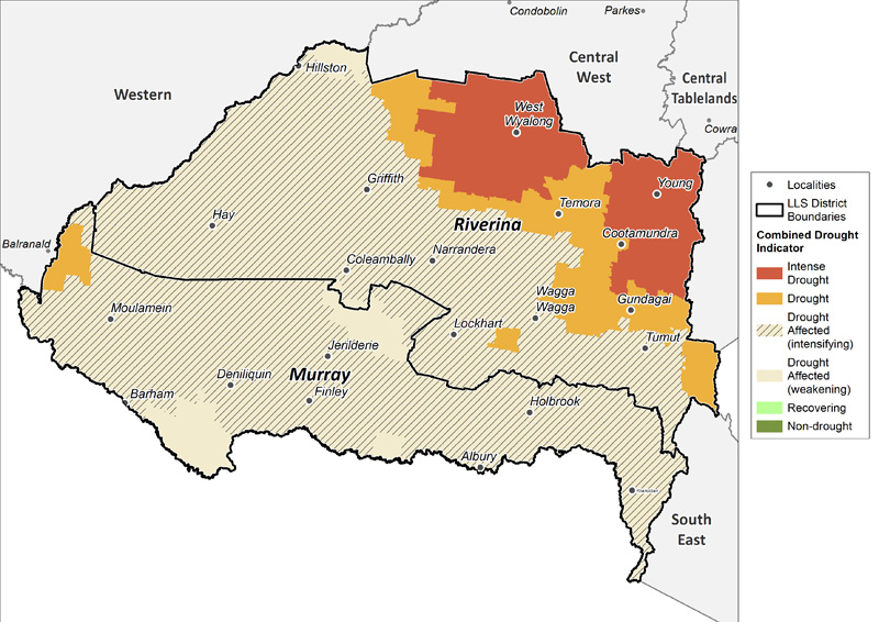 Figure 12. Combined Drought Indicator for the Murray and Riverina region For an accessible explanation of this map contact the author seasonal.conditions@dpi.nsw.gov.au