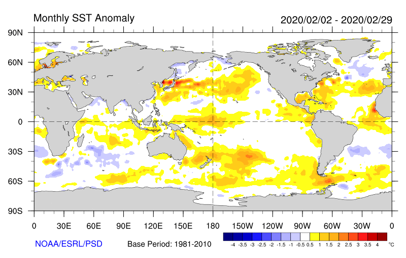 Figure 32. Monthly sea surface temperature anomalies (Source: NOAA) For an accessible explanation of this image contact the author seasonal.conditions@dpi.nsw.gov.au
