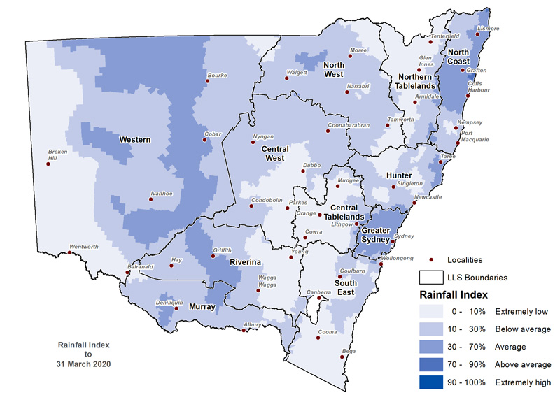 Figure 11. Rainfall Index (RI) to 31 March 2020 For an accessible explanation of this image contact the author seasonal.conditions@dpi.nsw.gov.au