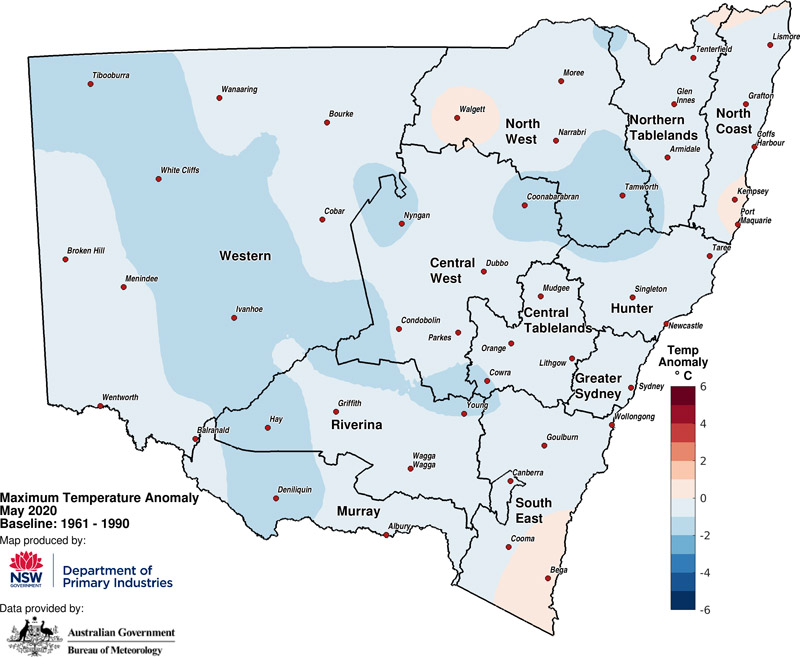 Figure 4a. Average daytime temperature anomaly– May 2020 For an accessible explanation of this map contact the author seasonal.conditions@dpi.nsw.gov.au