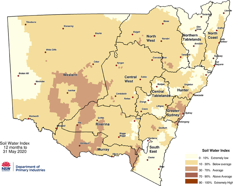 Figure 8. Soil Water Index (SWI) to 31 May 2020 For an accessible explanation of this map contact the author seasonal.conditions@dpi.nsw.gov.au