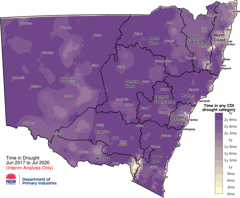 Figure 2. Drought Duration from 1 June 2017 to 31 July 2020 For an accessible explanation of this map contact the author scott.wallace@dpi.nsw.gov.au