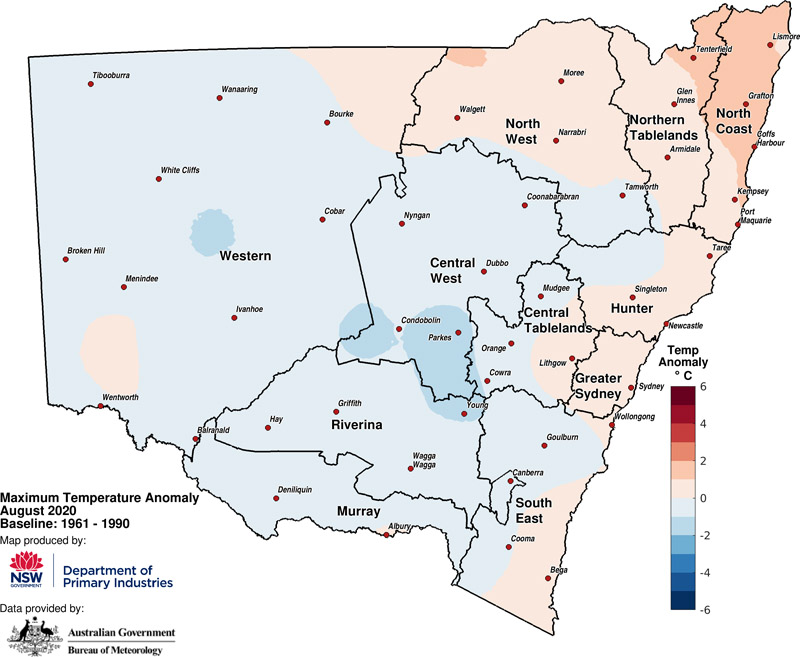 Figure 3a. Average daytime temperature anomaly – August 2020 For an accessible explanation of this image contact the author scott.wallace@dpi.nsw.gov.au