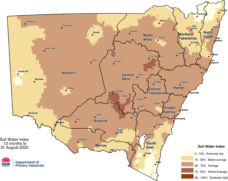 Figure 8. Soil Water Index (SWI) to 31 August 2020 For an accessible explanation of this image contact the author scott.wallace@dpi.nsw.gov.au