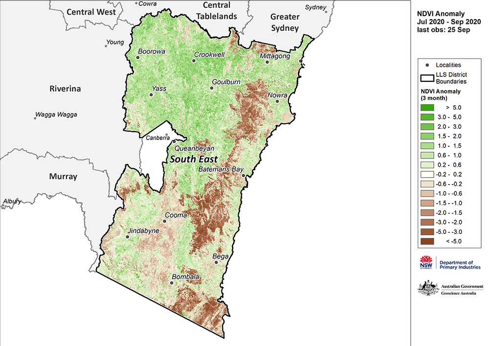Figure 26. Monthly NDVI anomaly map for the South East region For an accessible explanation of this map contact the author scott.wallace@dpi.nsw.gov.au