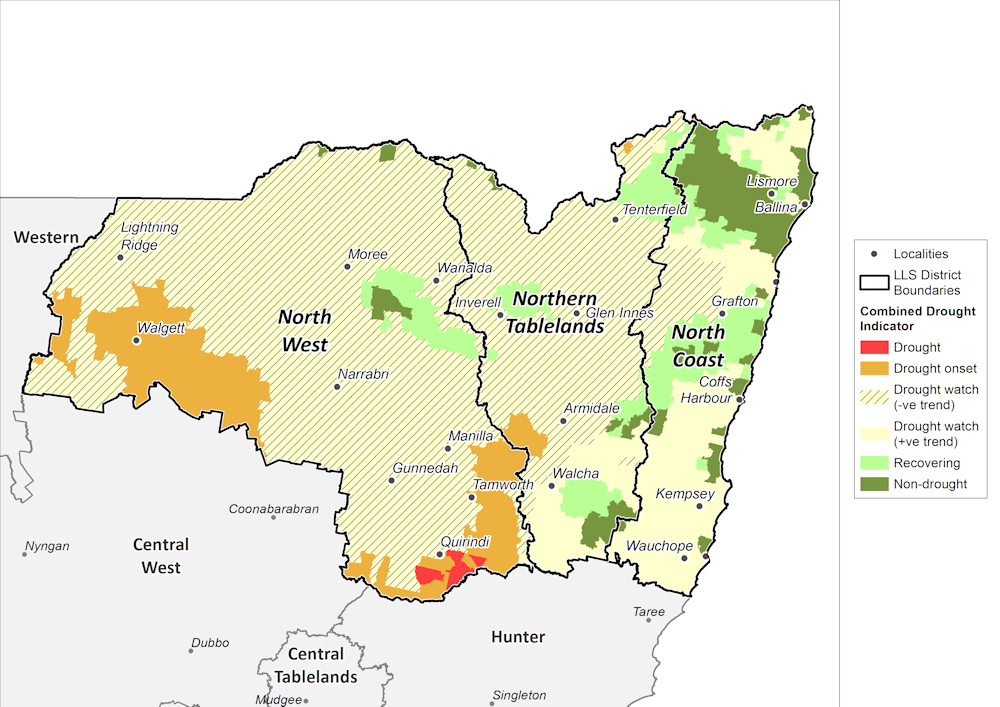 Figure 15. Combined Drought Indicator for the North West, Northern Tableland and North Coast regions For an accessible explanation of this map contact the author kim.broadfoot@dpi.nsw.gov.au