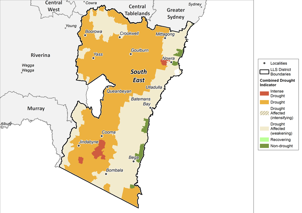 Figure 24. Combined Drought Indicator for the South East region For an accessible explanation of this map contact the author kim.broadfoot@dpi.nsw.gov.au