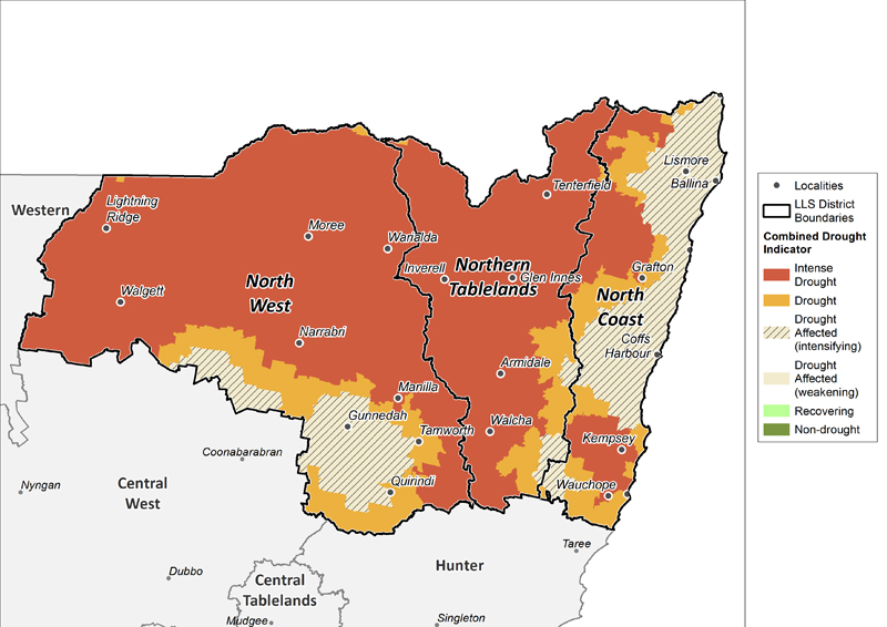 Figure 19. Combined Drought Indicator for the North West, Northern Tableland and North Coast regions For an accessible explanation of this map/graph contact the author seasonal.conditions@dpi.nsw.gov.au