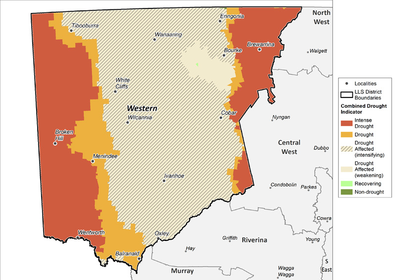 Figure 15. Combined Drought Indicator for the Western region For an accessible explanation of this map contact the author seasonal.conditions@dpi.nsw.gov.au
