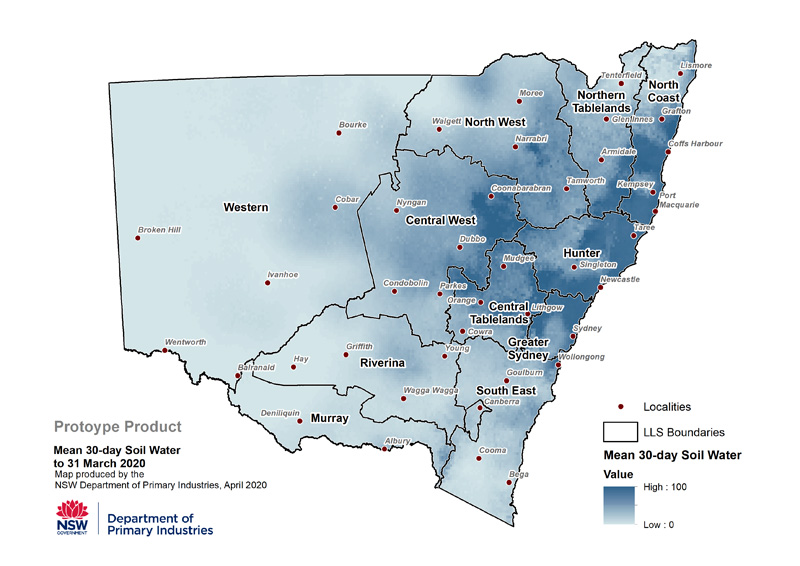 Figure 8a. Mean 30-Day Soil Moisture Index to 29 February 2020 For an accessible explanation of this image contact the author seasonal.conditions@dpi.nsw.gov.au