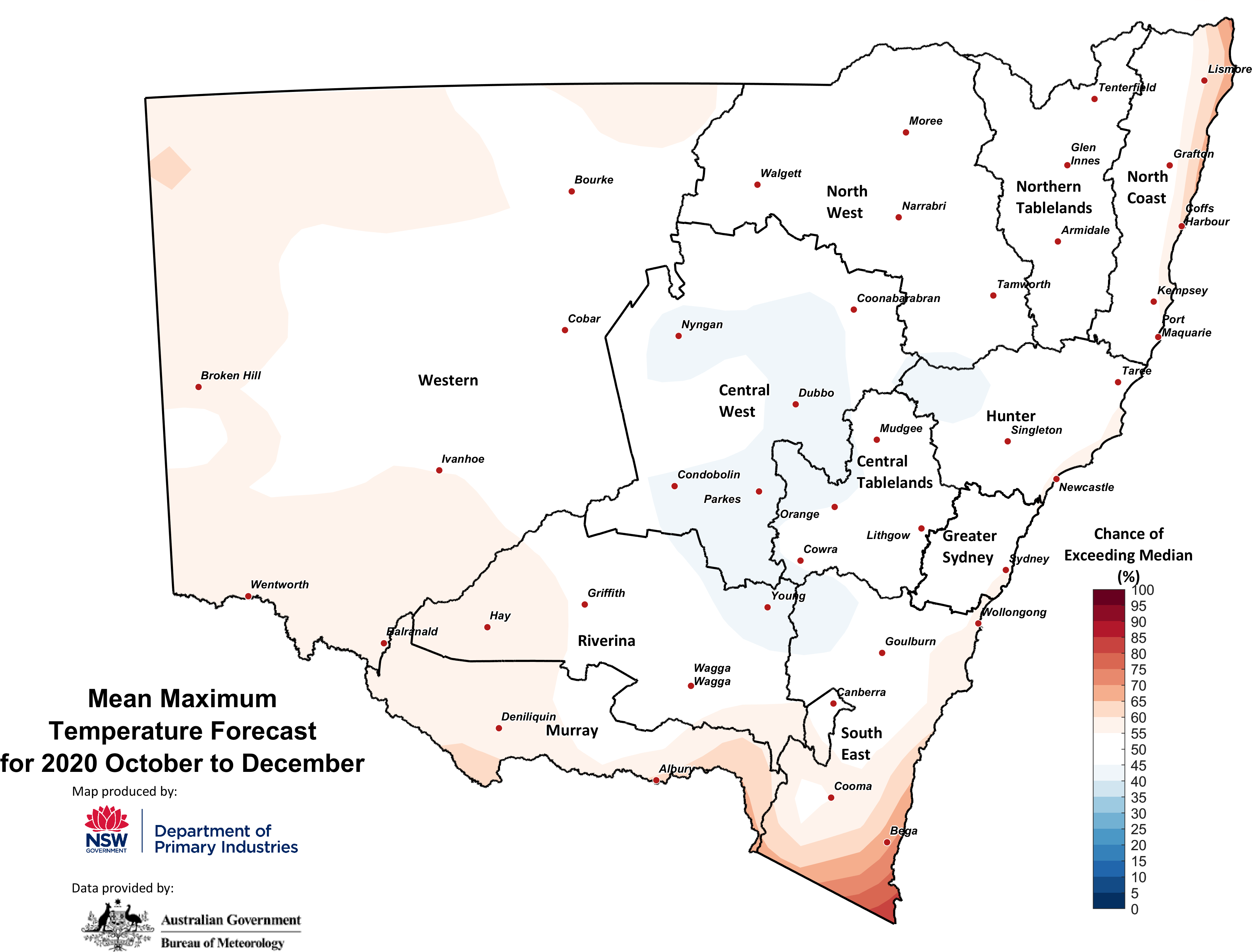 Figure 29. Seasonal maximum temperature outlook for NSW issued on 1 October 2020 For an accessible explanation of this map contact the author scott.wallace@dpi.nsw.gov.au