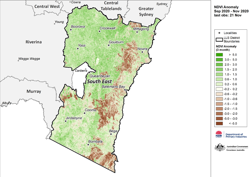Figure 24. Monthly NDVI anomaly map for the South East region For an accessible explanation of this map contact the author seasonal.conditons@dpi.nsw.gov.au