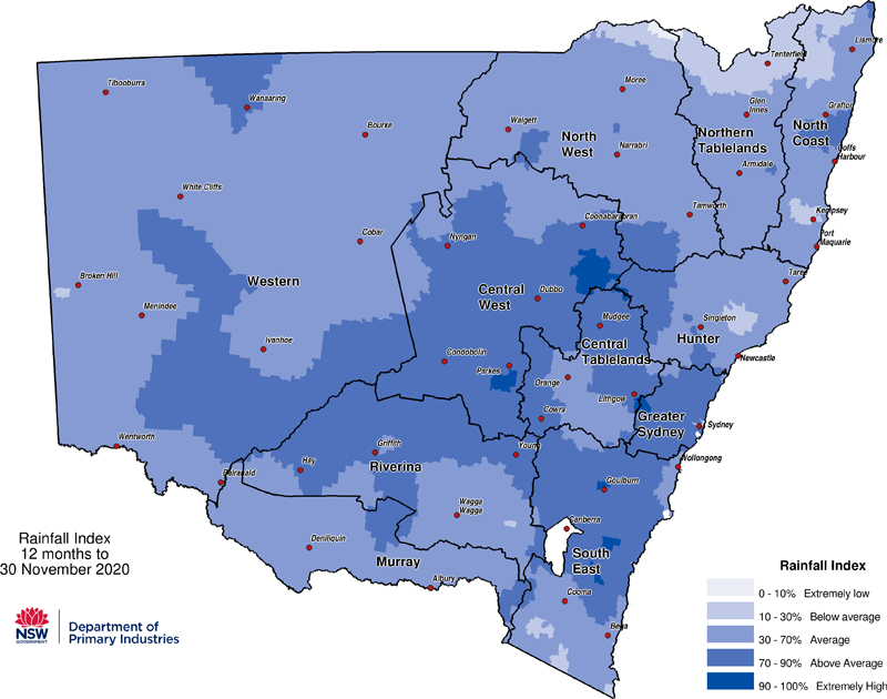 Figure 8. Rainfall Index (RI) to 30 November 2020 For an accessible explanation of this map contact the author seasonal.conditons@dpi.nsw.gov.au