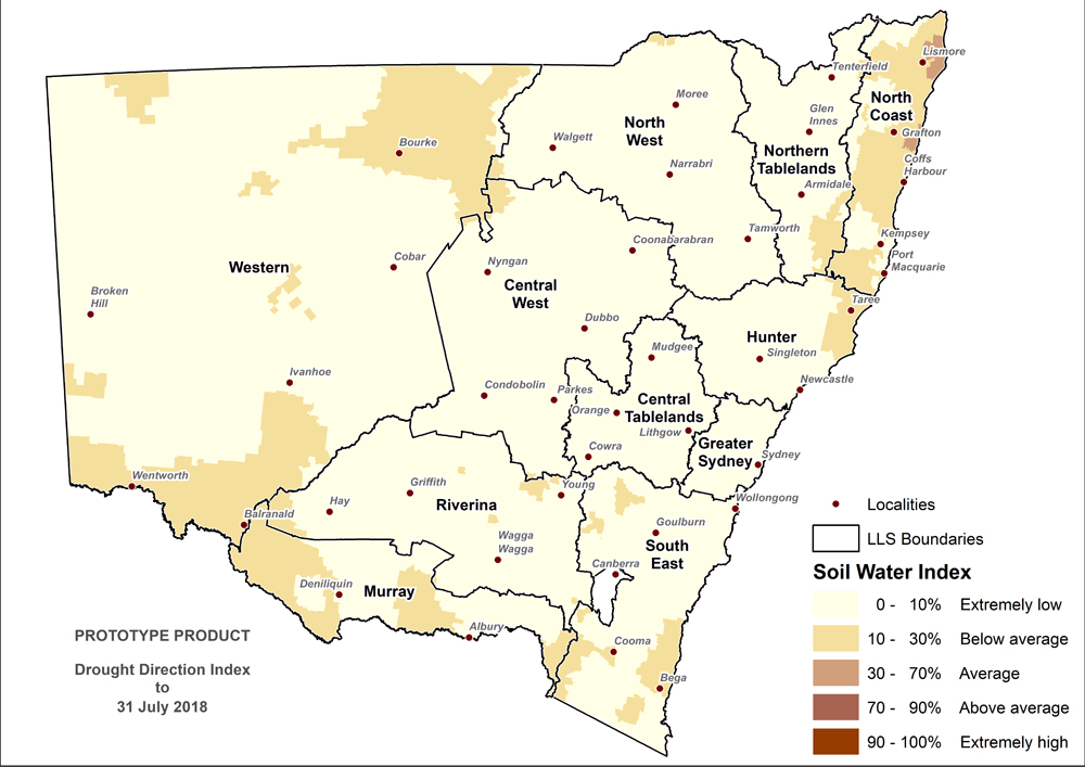 Figure 7. Soil Water Index (SWI) to 31 July 2018 For an accessible explanation of this image contact the author kim.braodfoot@dpi.nsw.gov.au