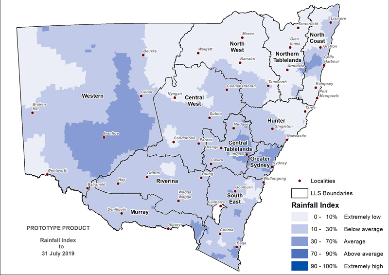 Figure 8. Rainfall Index (RI) to 31 July 2019 For an accessible explanation of this map contact the author seasonal.conditions@dpi.nsw.gov.au