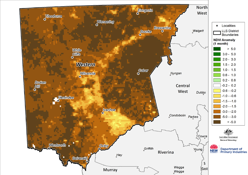 Figure 15. Monthly NDVI anomaly map for the Western Region For an accessible explanation of this map contact the author seasonal.conditions@dpi.nsw.gov.au