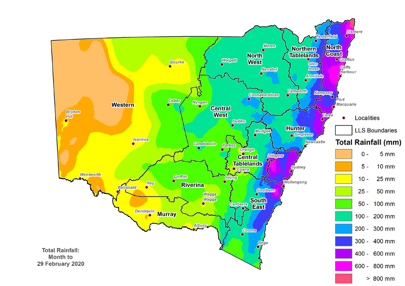 Figure 3a. Total rainfall February 2020 For an accessible explanation of this image contact the author seasonal.conditions@dpi.nsw.gov.au