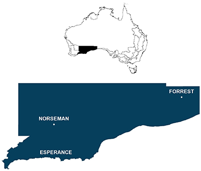 Figure 1: Map of the WA Mallee Sandplain agroecological zone showing boundaries and relevant towns. A map showing the locations covered by this region