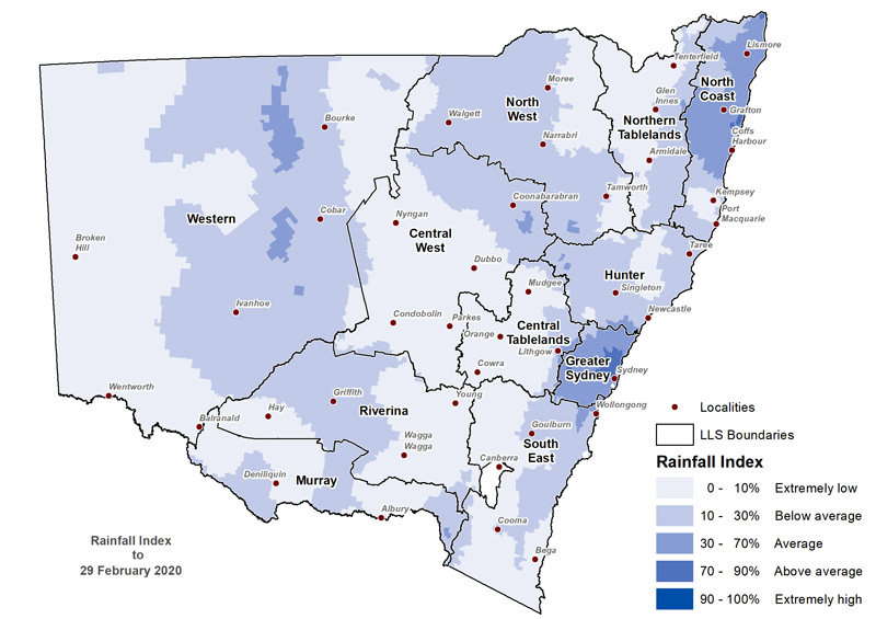 Figure 10. Rainfall Index (RI) to 29 February 2020 For an accessible explanation of this image contact the author seasonal.conditions@dpi.nsw.gov.au