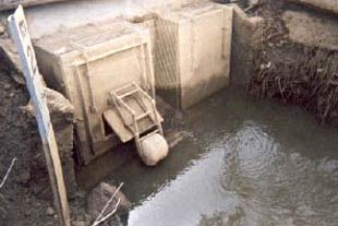 Figure 2. An automatic tidal floodgate: a minifloodgate with an existing normal flapgate. The floating arm closes the gate when the tide rises (Photo: Frederieke Kroon) Figure 2. An automatic tidal floodgate: a minifloodgate with an existing normal flapgate. The floating arm closes the gate when the tide rises (Photo: Frederieke Kroon)