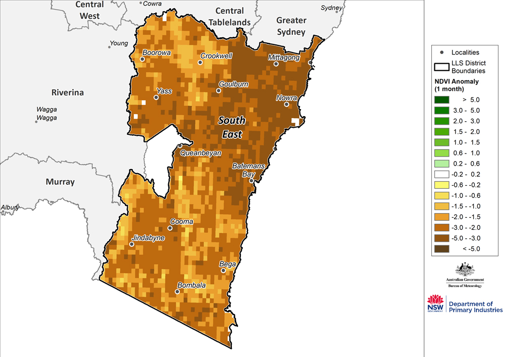 Figure 24. Monthly NDVI anomaly map for the South East region For an accessible explanation of this diagram contact the author kim.broadfoot@dpi.nsw.gov.au