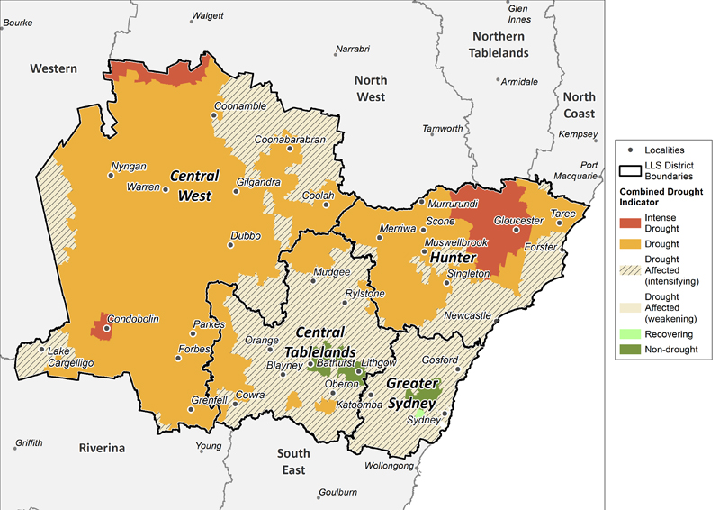 Figure 20. Combined Drought Indicator for the Central Tablelands, Central West, Hunter and Greater Sydney regions For an accessible explanation of this map contact the author seasonal.conditions@dpi.nsw.gov.au