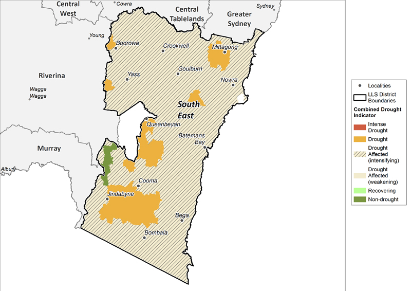 Figure 23. Combined Drought Indicator for the South East region For an accessible explanation of this map contact the author seasonal.conditions@dpi.nsw.gov.au