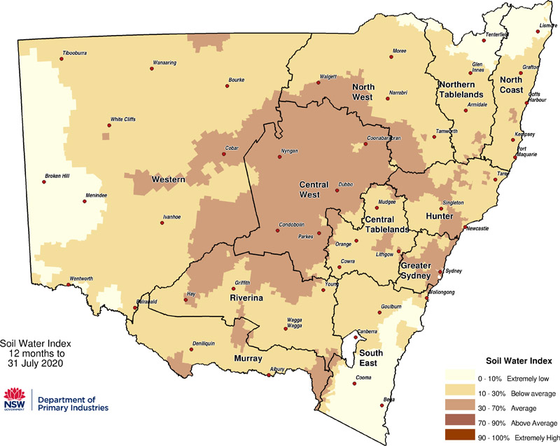 Figure 8. Soil Water Index (SWI) to 31 July 2020 For an accessible explanation of this map contact the author scott.wallace@dpi.nsw.gov.au