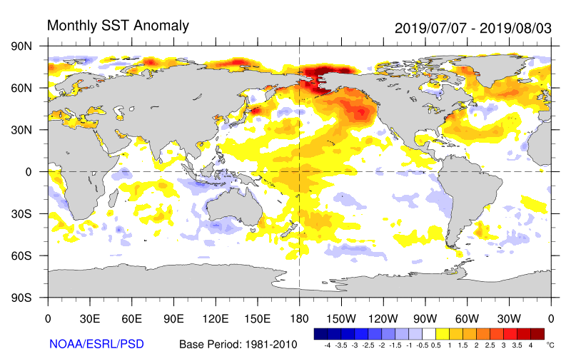 Figure 30. Monthly sea surface temperature anomalies (Source: NOAA) For an accessible explanation of this map contact the author seasonal.conditions@dpi.nsw.gov.au