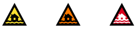 Icons showing three different levels of flood warnings. 