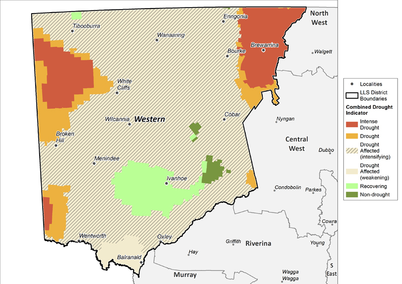 Figure 14. Combined Drought Indicator for the Western region For an accessible explanation of this map contact the author seasonal.conditions@dpi.nsw.gov.au